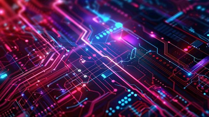 Obraz premium Abstract circuit board design with neon light, futuristic technological and network system concept.