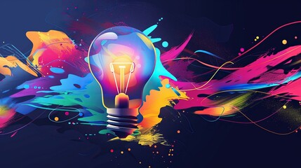 Conceptual abstract illustration in grangy style, with light bulb and colorful splashing shapes.  