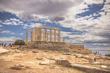 Sounion, Greece, May 4th 2024: The legendary Temple of Poseidon in Sounion cape, Greece