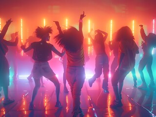 Dance Floor Scene with Neon Lights and Joyful Group of Friends Celebrating