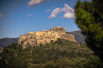 Panoramic view of the Acropolis of Athens from the Philopappos hill in Greece