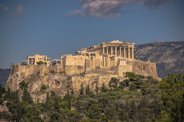Panoramic view of the Acropolis of Athens from the Philopappos hill in Greece
