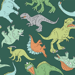 Hand drawn seamless vector pattern with dinosaurs. Perfect for fabric, wallpaper, wrapping paper or nursery decor.