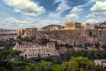 Panoramic view of the Acropolis of Athens from the Philopappos hill in Greece