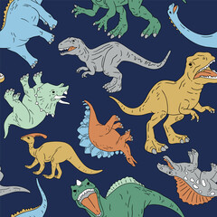 Hand drawn seamless vector pattern with dinosaurs. Perfect for fabric, wallpaper, wrapping paper or nursery decor.