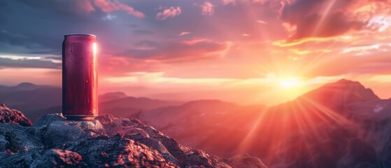 A vibrant sunset over mountains with a red beverage can in the foreground, symbolizing adventure and refreshment.