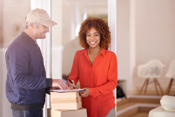 Portrait, delivery man and happy woman sign for box, logistics and paperwork for order. Document,...