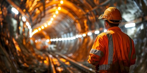 Technician in orange safety gear controls underground construction for tunnel boring machine. Concept Construction, Technician, Safety Gear, Tunnel Boring Machine, Underground Engineering