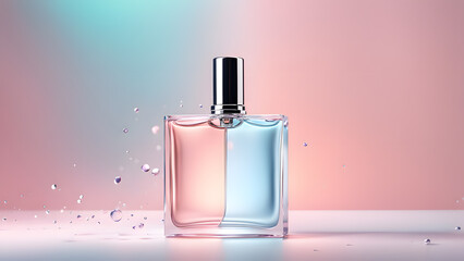 a bottle of perfume with water droplets on a pink background