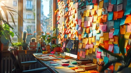 Fototapeta premium Colorful Bursts of Productivity A Bustling Office Scene with Vibrant Post it Note Reminders