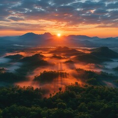 Amazing Aerial view 180 degrees panoramic of Morning sunrise with blue sky over the sea mist 
