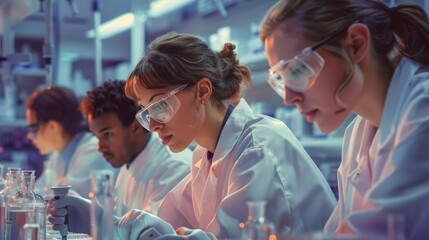 Collaborative research project in a lab, with a diverse team of scientists working towards a common goal.