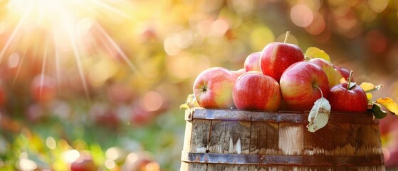 A rustic barrel filled with red apples in a sunlit orchard, capturing the essence of a bountiful autumn harvest.