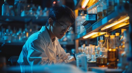 Scientist in a laboratory setting, meticulously documenting experimental procedures and results for scientific publications.