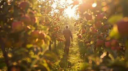A person walks through an apple orchard at sunrise, surrounded by sunlit trees and ripe apples. A peaceful, autumn countryside scene.