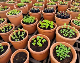 An array of young green plants sprouting in terracotta pots, arranged neatly on a wooden surface, showcasing early stages of growth.. AI Generation