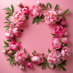 Beautiful peonies form a floral frame against a pink backdrop, perfect for a summer-themed flat lay with plenty of copy space.