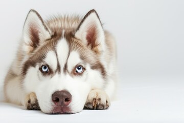 husky puppy shy face photo on white isolated background