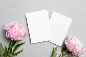 Wedding invitation card mockup with fresh peony flowers, blank card mock up with copy space