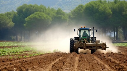 Naklejka premium Red tractor on a green field with mountains in the background. Concept: Agriculture, mechanization, farming, work in nature.
