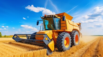 Obraz premium Red tractor on a green field with mountains in the background. Concept: Agriculture, mechanization, farming, work in nature.