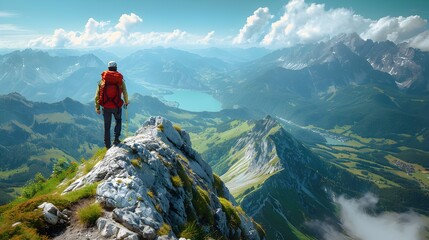 Intrepid Mountaineer Conquers Rugged Peak Gazing over Verdant Valleys and Majestic Panorama