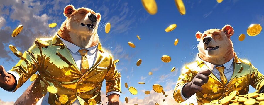 Two golden polar bears in suits are running and jumping in the air with a lot of golden coins falling around them.
