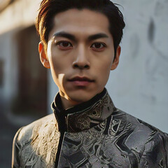 ritratto di giovane uomo asiatico con giacca elegante jacquard su sfondo urbano con luce del tramonto sul viso