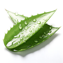 Realistic aloe vera leaf with water droplets glistening on its surface on a white background.