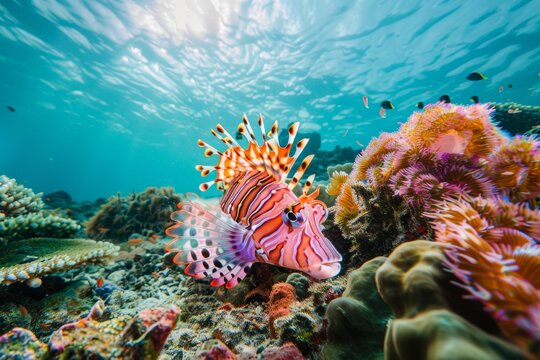 Pez le&oacute;n nadando entre corales, fotograf&iacute;a submarina fauna marina en arrecife de coral, preciosos colores vividos de un pez le&oacute;n en libertad 