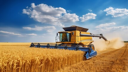 Fototapeta premium Agricultural combine for harvesting crops in the field. Concept: food supplies and world hunger problems, grain for export and import.