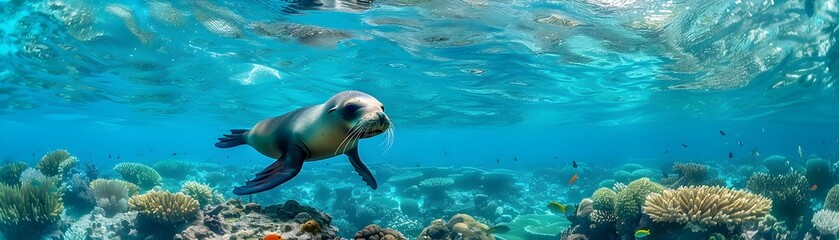 Fototapeta premium Seal Gliding Through Vibrant Coral Reef Beneath Sky Above Showcasing Need for Environmental Care