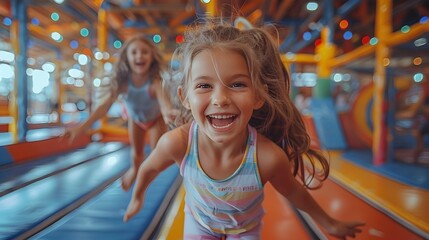 Obraz premium Siblings Practicing Synchronized Jumps on Trampolines with Cheerful Expressions in Clear Indoor Environment