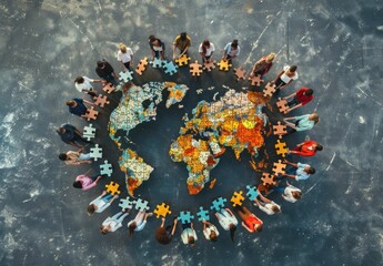 Global Collaboration People standing in circle around world map with jigsaw puzzle pieces, working together to solve the world's challenges
