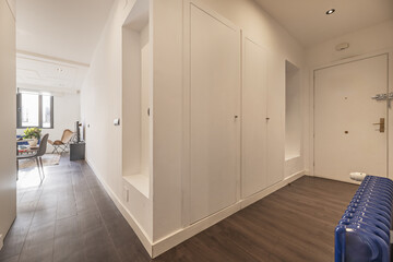 Entrance hallway of a home with built-in wardrobes and access to a living room with a bright window