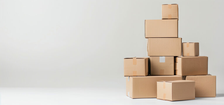 A neatly stacked pile of cardboard boxes on a plain background, symbolizing moving or storage organization.