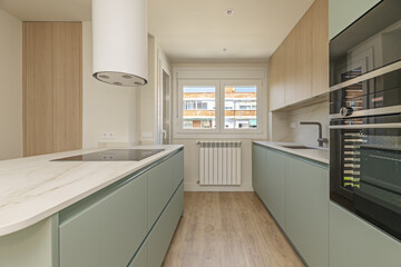a modern designed open kitchen with pastel green furniture, decorative white circular hood above a matching island with white marble countertops