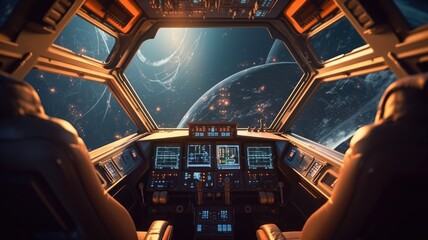 Futuristic spaceship cockpit interior with a view of space station and stars. A large spaceship...