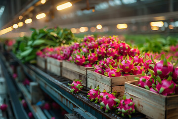 The harvested Dragon Fruit crop is packed in wooden boxes on the sorting line, ready for distribution at a bustling farm during peak harvest season	

