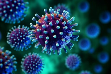 Fototapeta premium Bright viruses under a microscope close-up. Concept: the danger of contracting viral infections.