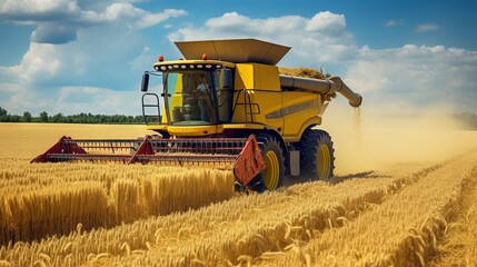 Obraz premium A yellow combine harvester collects wheat in a field under a bright blue sky. Concept: agricultural technologies, harvesting, agricultural mechanization