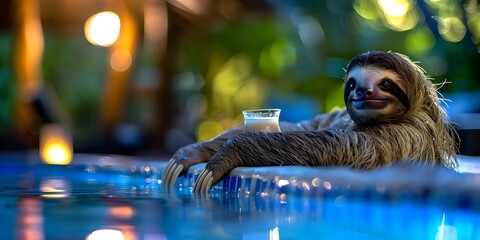 Obraz premium Sloth lounges by pool with cocktail at allinclusive resort in tropical paradise. Concept Tropical Getaway, All-Inclusive Resort, Sloth by the Pool, Cocktail Lounge, Relaxation