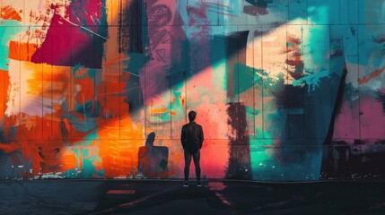 Person standing with their back to the camera, looking at a vibrant and colorful graffiti wall