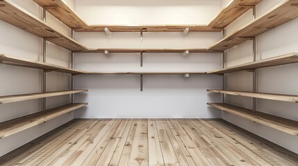 Empty walk-in pantry with multiple wooden shelves mounted on white walls