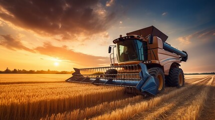 Fototapeta premium Harvester for harvesting crops in the field. Concept: food supplies and world hunger problems, grain for export and import.