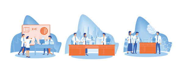 People in white coat, chemical researchers with laboratory equipment. Scientific research. Of scientists two men and woman working at science lab. Set flat vector modern illustration