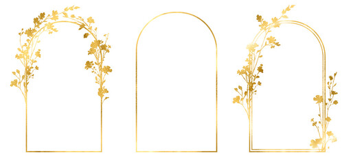 Gold effect hand drawn floral frames and borders. Frames with golden flowers. Botanical leaf illustration for label, logo, branding, wedding invitation, save the date