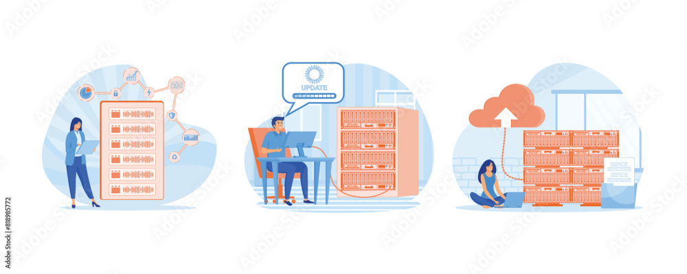 Poster server maintenance with monitoring tools. man working at server rack hardware room, updates and opti