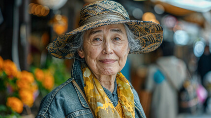 A close up portrait of a senior Asian lady in a hat. 