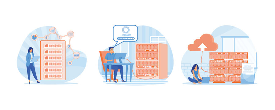 Server maintenance with monitoring tools. Man working at server rack hardware room, updates and optimization computer systems. Server maintenance concept scene. Set flat vector modern illustration